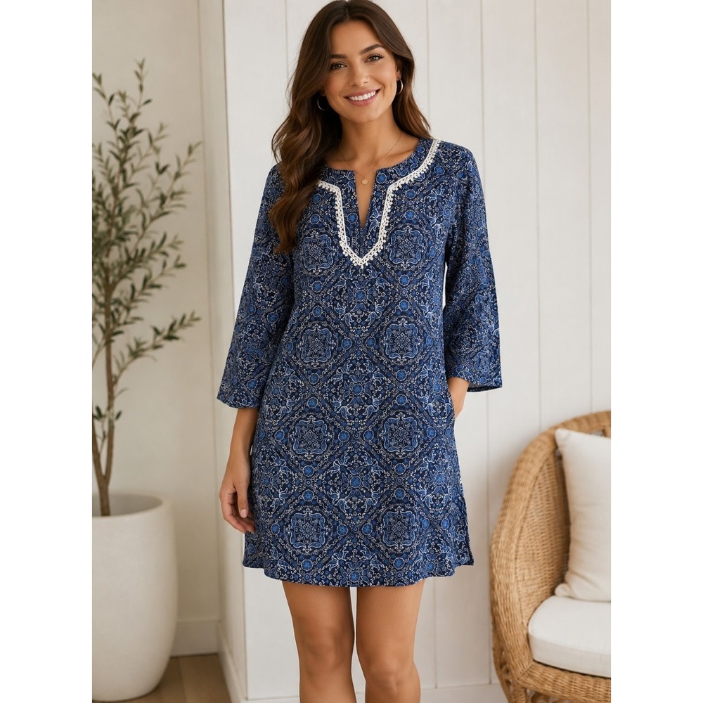 Lucky Brand Blue White Paisley Crochet Trim Split Neck 3/4 Sleeve Shift Dress‎